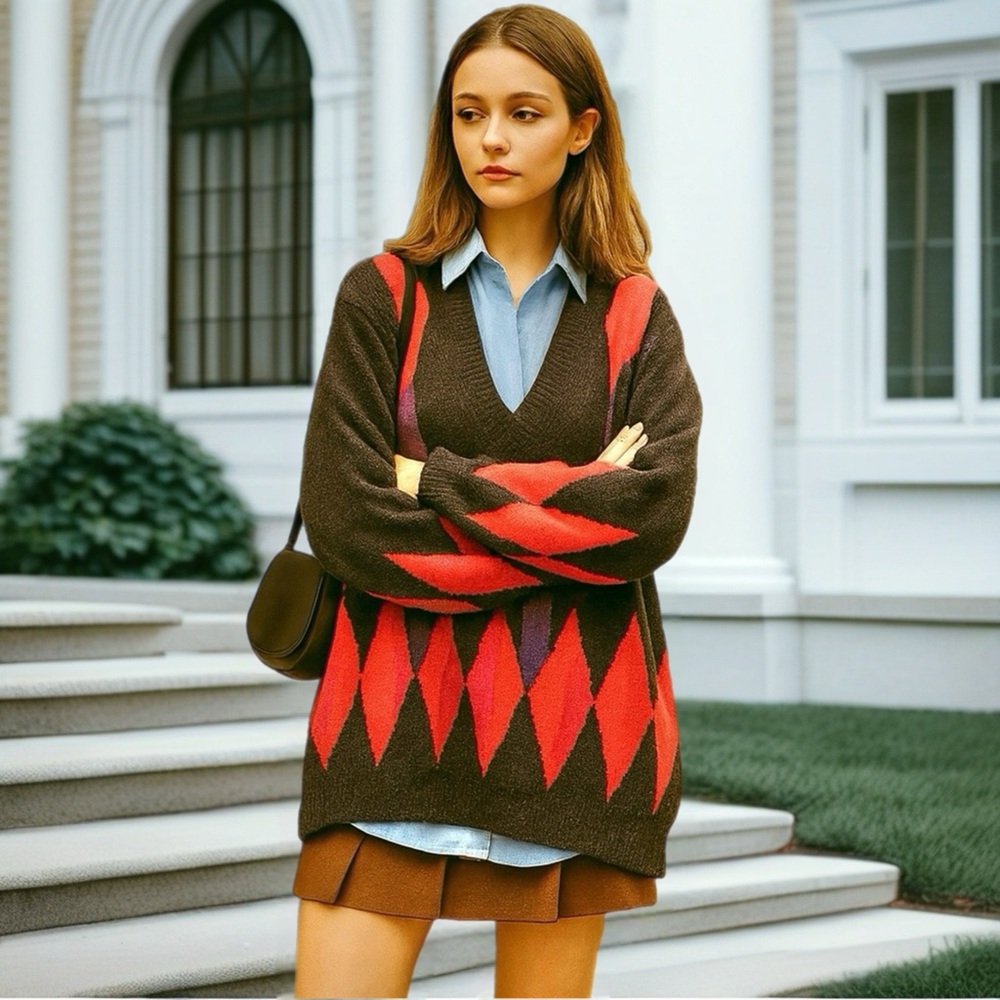 Vintage Argyle Sweater LambsWool Angora L Academia Preppy Cozy Retro Collegiate